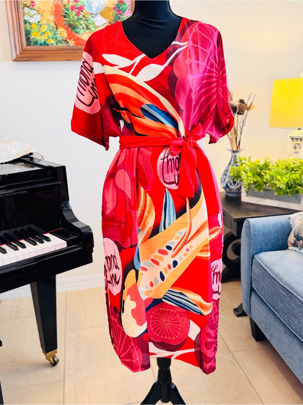 Vibrant Red Abstract Print Dress